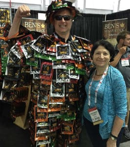 Photo of Myrna Greenfield with the Turkey Perky Jerky mascot