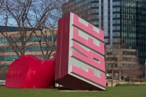 Photo of sculpture of a giant FREE rubber stamp