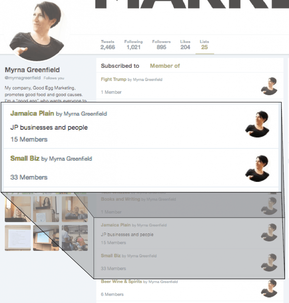 Example of Myrna Greenfield's twitter lists