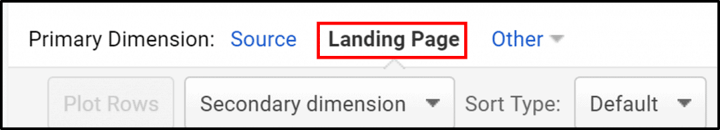 Screenshot of Google Analytics Landing Page as Primary Dimension