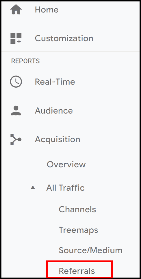 Google Analytics left navigation menu highlighting Referrals
