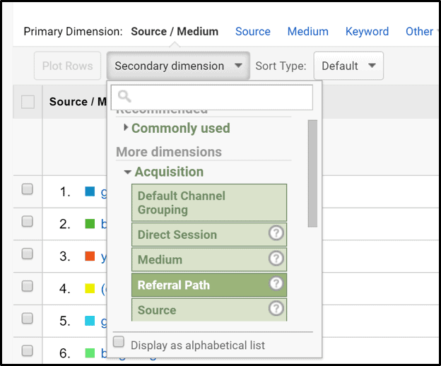 GA screenshot of Secondary dimension drop down box