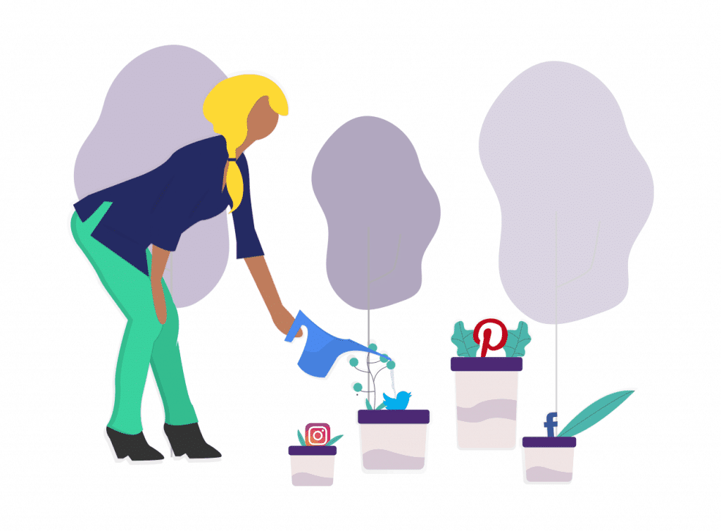 Illustration of woman watering social media channels in flower pots